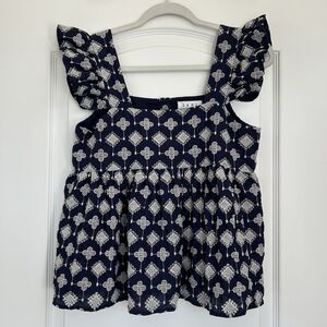 THML Womens Boho Babydoll Tank Top Ruffle Strap Sz S Embroidered Blue White